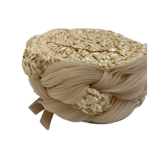 Vintage 50s Woodward & Lothrop Hat Beige Pleated Chiffon & Straw Pillbox Bow - Picture 5 of 7